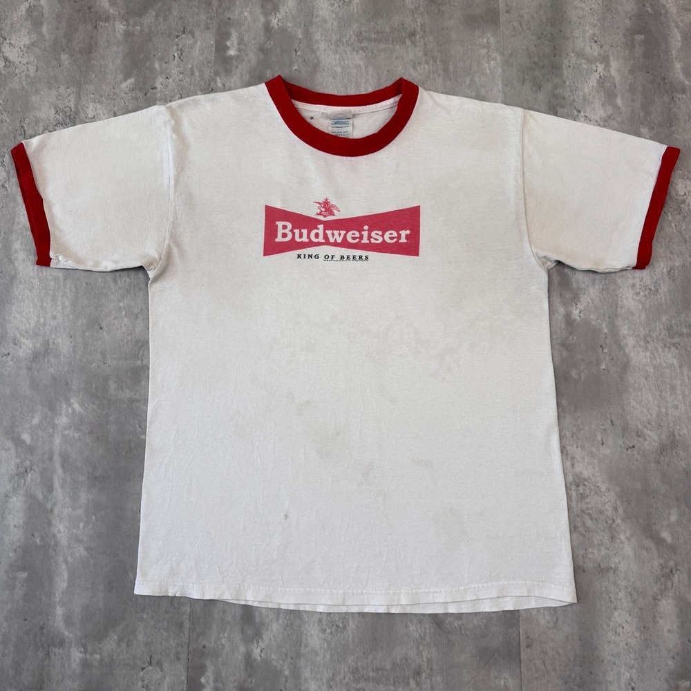 Vintage Budweiser Ringer T-Shirt Mens Medium White Red King Of Beers Logo
